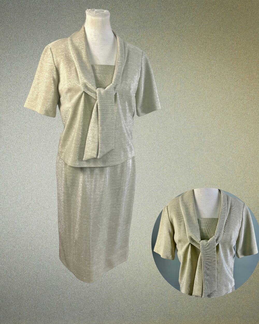 Vintage 50s 60s Genevieve Shimmer Gold Silver Tie Neck Pencil Skirt Dress 12